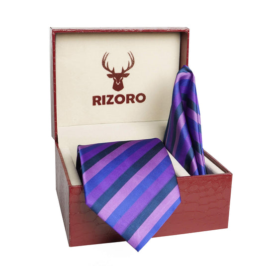 RIZORO Mens Plaid Stripped Silk Necktie Tie Gift Set With Pocket Square & Brooch Pin Formal Tie Set (STRIPM2RS, Free Size)