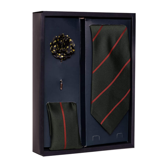 Axlon Men's Polyester Necktie Set with Pocket Square, Brooch Pin and Cufflinks (Free Size, Dark Green)