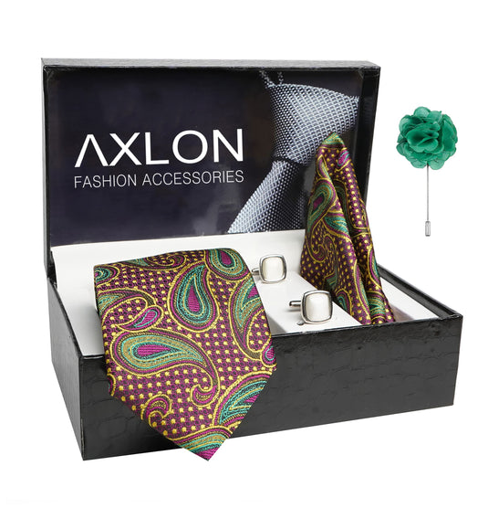 AXLON Mens Plaid Pasiley Silk Necktie Gift Set With Pocket Square Cufflinks & Brooch Pin Tie For Men Formal With Leatherite Box (AMBI3RX Free Size) | (Leather Gift Box) (Pack of 4)