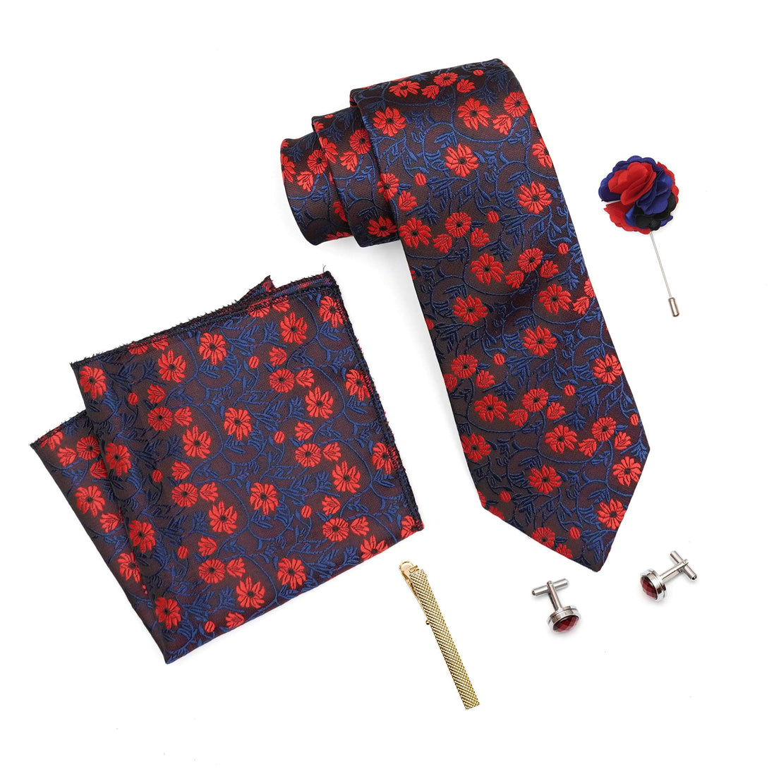 RIZORO Mens Plaid Micro Self Silk Floral Red Blue Necktie Gift Set With Pocket Square Cufflinks Brooch Pin Men Tie Clip Formal Tie With Wooden Box For Gifting (RW_22, Free Size)