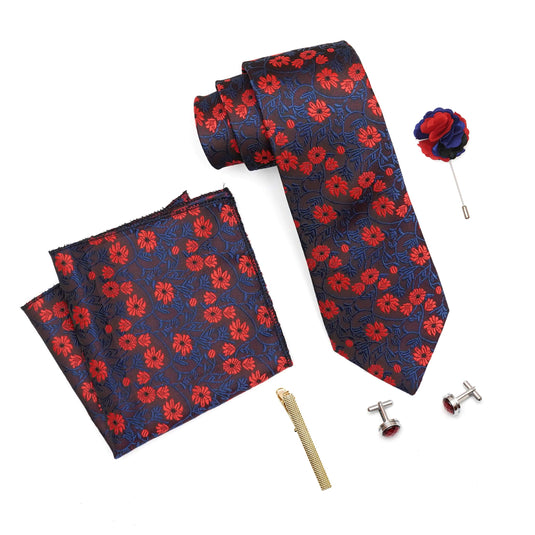 RIZORO Mens Plaid Micro Self Silk Floral Red Blue Necktie Gift Set With Pocket Square Cufflinks Brooch Pin Men Tie Clip Formal Tie With Wooden Box For Gifting (RW_22, Free Size)
