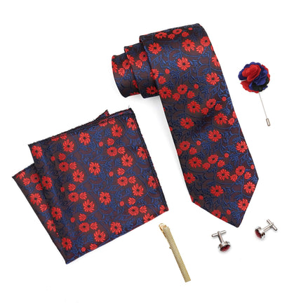 RIZORO Mens Plaid Micro Self Silk Floral Red Blue Necktie Gift Set With Pocket Square Cufflinks Brooch Pin Men Tie Clip Formal Tie With Wooden Box For Gifting (RW_22, Free Size)