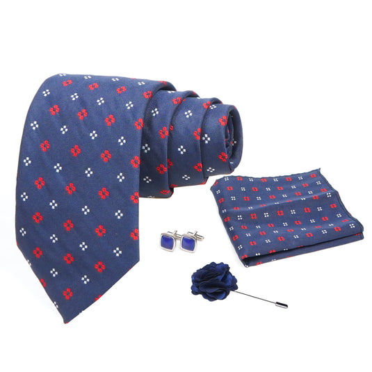 AXLON Mens Plaid Micro Self Silk Necktie Gift Set With Pocket Square Cufflinks & Brooch Pin Formal Tie With Box (SLKP_10, Blue)