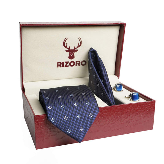 RIZORO Mens Plaid Dotted Silk Necktie Tie Gift Set With Pocket Square, Cufflinks & Brooch Pin Formal Tie With Leatherite Box (4D5RB, Free Size)