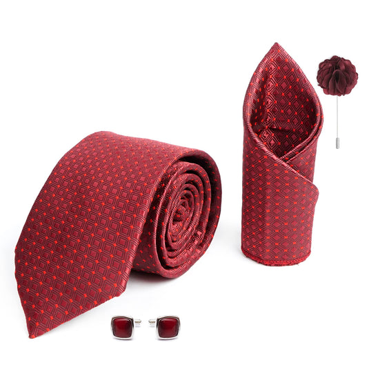 AXLON Mens Plaid Dotted Silk Necktie Gift Set With Pocket Square Cufflinks & Brooch Pin Formal Tie With Leatherite Box (A13RX Free Size) | (Leather Gift Box) (Pack of 4)