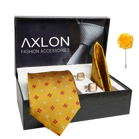 AXLON Mens Plaid Dotted Silk Necktie Gift Set With Pocket Square Cufflinks & Brooch Pin Tie For Men Formal With Leatherite Box (4D3RX Free Size) | (Leather Gift Box) (Pack of 4)