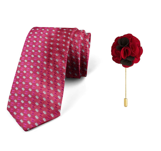 AXLONMen's Micro Polyester Necktie Set with Pocket Square and Brooch Pin (Red , Free Size)