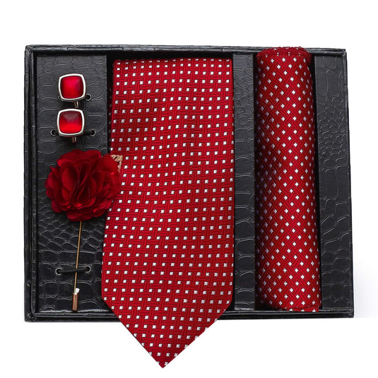 Axlon Men Formal/Casual Jacquard Neck Tie Pocket Square Accessory Gift Set with Cufflinks and Brooch Pin - Bright Red (Free Size)