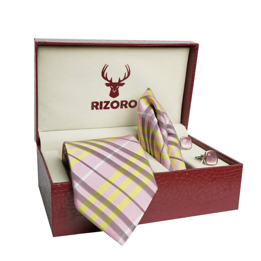 RIZORO Mens Plaid Checkered Silk Necktie Tie Gift Set With Pocket Square, Cufflinks & Brooch Pin Formal Tie With Leatherite Box (BURRB, Free Size)