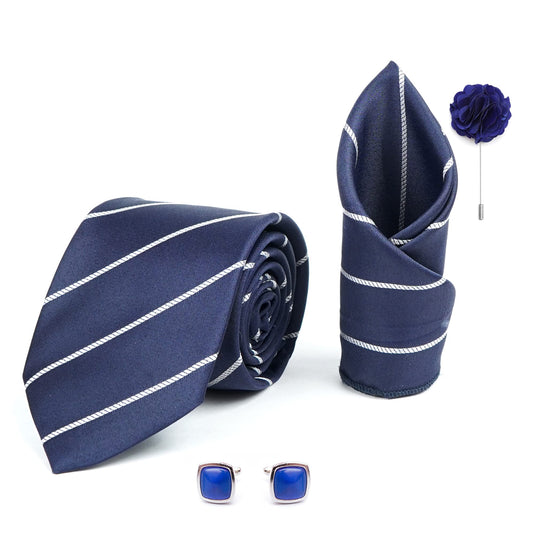 RIZORO Mens Plaid Stripped Silk Necktie Gift Set With Pocket Square Cufflinks & Brooch Pin Formal Tie With Leatherite Box (S2RX Free Size) | (Leather Gift Box) (Pack of 4)