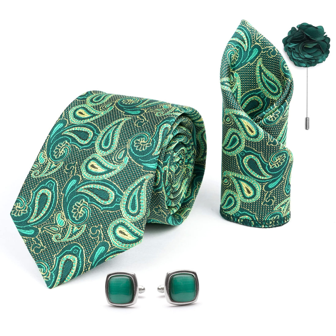 RIZORO Mens Plaid Pasiley Silk Necktie Gift Set With Pocket Square Cufflinks & Brooch Pin Formal Tie With Leatherite Box (AMBI4RX Free Size) | (Leather Gift Box) (Pack of 4)