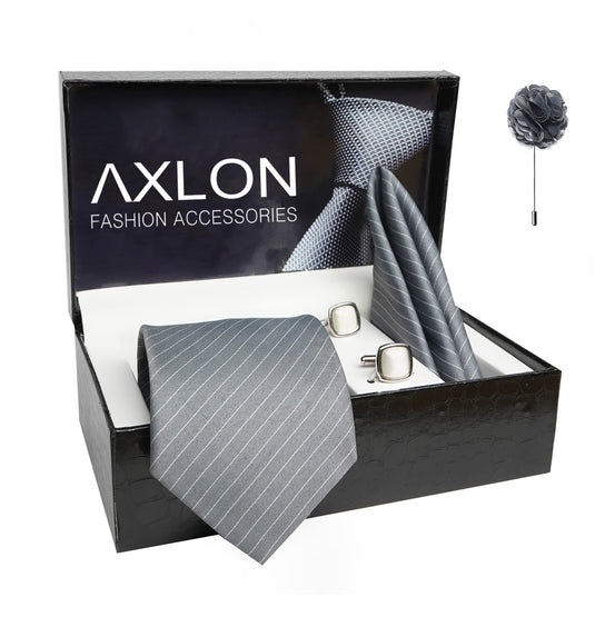 AXLON Mens Plaid Stripped Silk Necktie Gift Set With Pocket Square Cufflinks & Brooch Pin Tie For Men Formal With Leatherite Box (S1RX Free Size) | (Leather Gift Box) (Pack of 4)