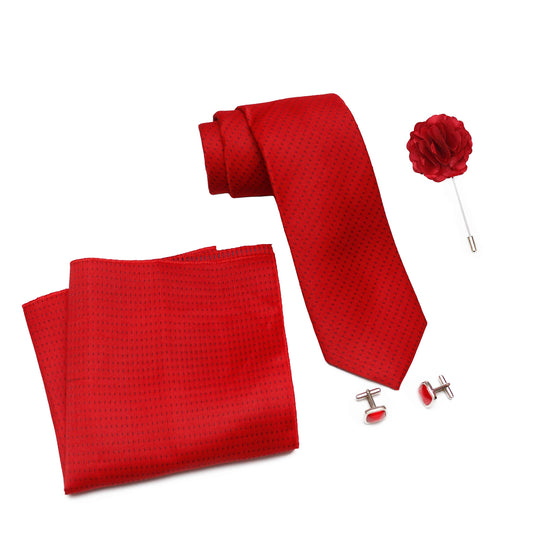 Axlon Men Formal/Casual Weaved Polyester Neck Tie Pocket Square Accessory Gift Set with Cufflinks and Brooch Pin - Red (Free Size, ltr_816)