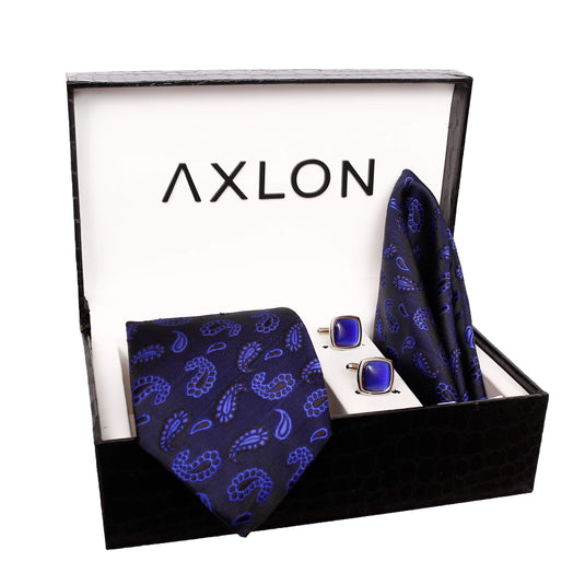 Axlon Formal/Casual Printed Polyester Necktie Set with Pocket Square, Brooch Pin and Cufflinks for Men (Free Size, Blue)