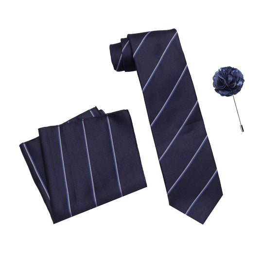 RIZORO Mens Plaid Stripped Silk Necktie Tie Gift Set With Pocket Square & Brooch Pin Formal Tie Set (S4RS, Free Size)