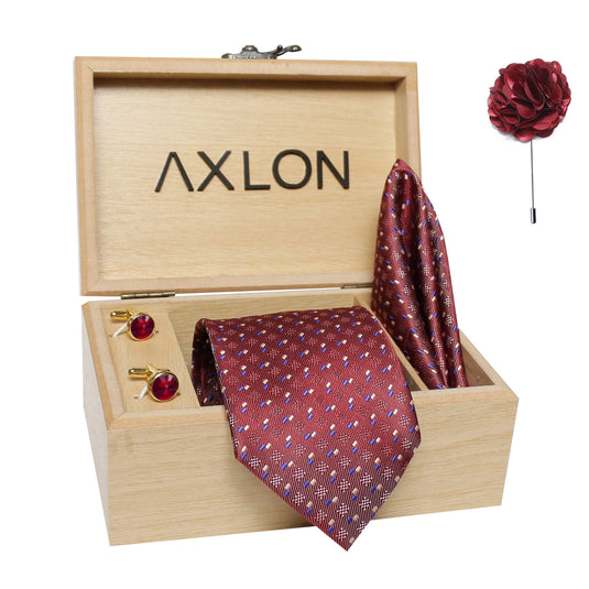 Axlon Men's Micro Polyester Necktie Set with Pocket Square, Brooch Pin and Cufflinks (Maroon, Free Size)