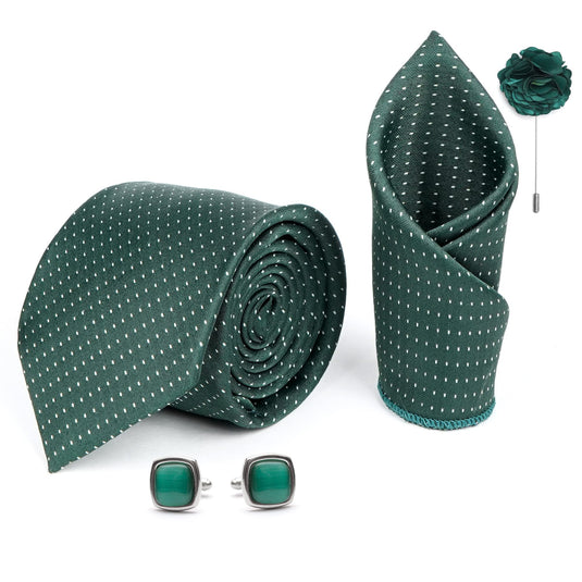 AXLON Mens Plaid Dotted Silk Necktie Gift Set With Pocket Square Cufflinks & Brooch Pin Formal Tie With Leatherite Box (D1RX Free Size) | (Leather Gift Box) (Pack of 4)