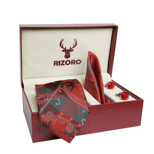 RIZORO Mens Plaid Pasiley Silk Necktie Tie Gift Set With Pocket Square, Cufflinks & Brooch Pin Formal Tie With Leatherite Box (AMBI6RB, Free Size)