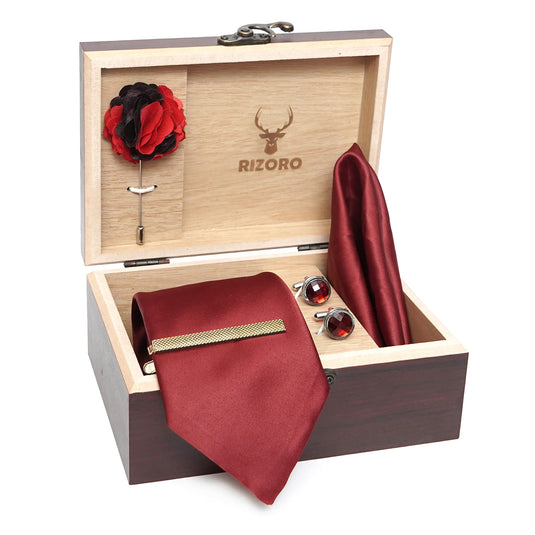 RIZORO Mens Plaid Micro Self Silk Solid Maroon Necktie Gift Set With Pocket Square Cufflinks Brooch Pin Men Tie Clip Formal Tie With Wooden Box For Gifting (RW_47, Free Size)