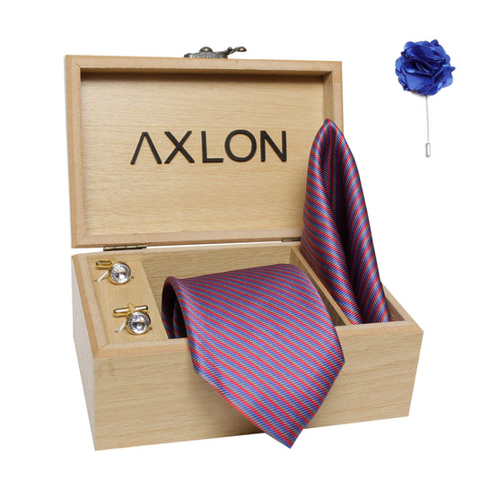 Axlon Men's Micro Polyester Stripped Necktie Set with Pocket Square, Brooch Pin and Cufflinks (Purple, Free Size)