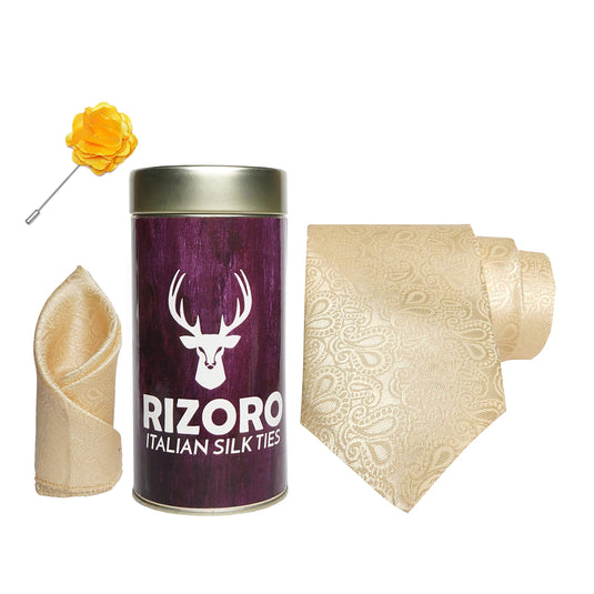 RIZORO Mens Plaid Pasiley Silk Necktie Gift Set With Pocket Square & Brooch Pin Formal Tie Combo (JCRT, Free Size)