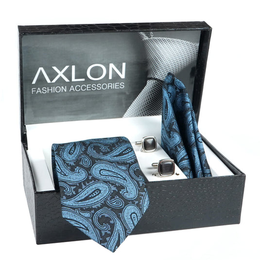 Axlon Mens Plaid Micro Self Silk Necktie Gift Set With Pocket Square Cufflinks & Brooch Pin Tie for Men Formal Tie Set with Box (Pack of 4) (Black, 2022AX_2)