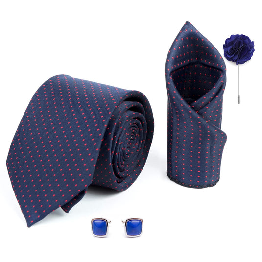 AXLON Mens Plaid Dotted Silk Necktie Gift Set With Pocket Square Cufflinks & Brooch Pin Formal Tie With Leatherite Box (D1RX Free Size) | (Leather Gift Box) (Pack of 4)