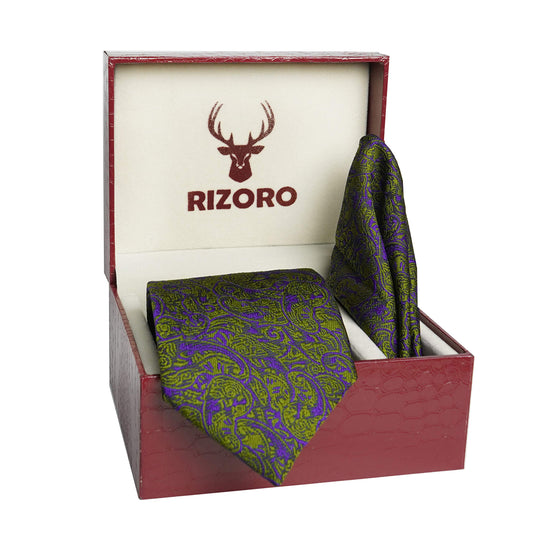 RIZORO Men Paisley Micro Fibre Necktie Gift Set With Pocket Square & Brooch Pin Formal Tie (Turquoise PARTRRS Free Size)