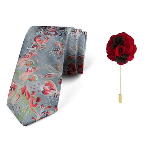 AXLON Men's Micro Polyester Floral Necktie Set with Pocket Square and Brooch Pin (Grey ,Free Size)