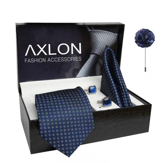 AXLON Mens Plaid Dotted Silk Necktie Gift Set With Pocket Square Cufflinks & Brooch Pin Tie For Men Formal With Leatherite Box (4D4RX Free Size) | (Leather Gift Box) (Pack of 4)