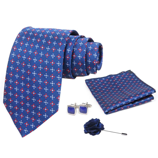 AXLON Mens Plaid Micro Self Silk Necktie Gift Set With Pocket Square Cufflinks & Brooch Pin Formal Tie With Box (SLKP_4, Blue)