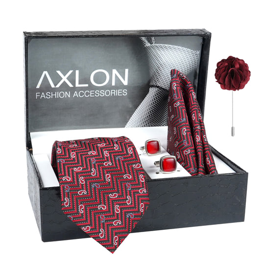 Axlon Men's Paisley Micro Wooven Silk Necktie Gift Set With Pocket Square Cufflinks & Brooch Pin Tie for Men Formal Tie Set with Box (Pack of 4) (AX11_8, Maroon)