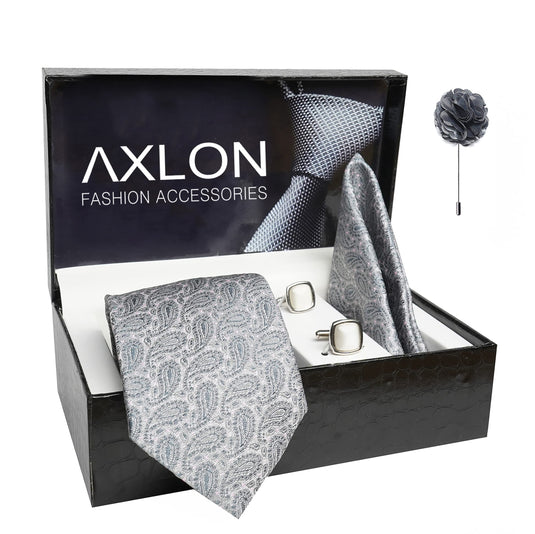 AXLON Mens Plaid Pasiley Silk Necktie Gift Set With Pocket Square Cufflinks & Brooch Pin Tie For Men Formal With Leatherite Box (AMBM1RX Free Size) | (Leather Gift Box) (Pack of 4)