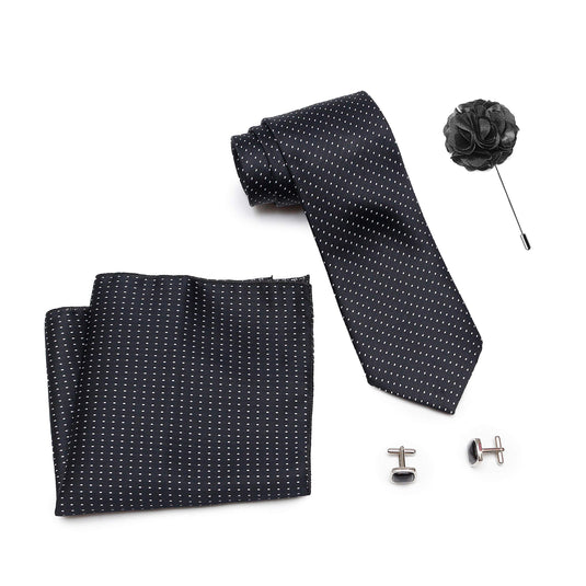 Axlon Men Formal/Casual Weaved Polyester Neck Tie Pocket Square Accessory Gift Set with Cufflinks and Brooch Pin - Dotted Black (Free Size, ltr_824)