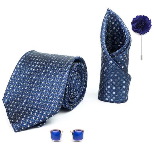 RIZORO Mens Plaid Dotted Silk Necktie Gift Set With Pocket Square Cufflinks & Brooch Pin Formal Tie With Leatherite Box (4D4RX Free Size) | (Leather Gift Box) (Pack of 4)
