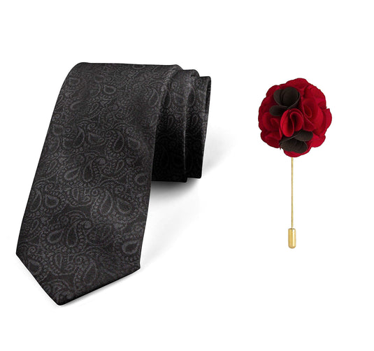 Axlon Men's Micro Polyester Paisley Necktie Set with Pocket Square and Brooch Pin (Black, Free Size)