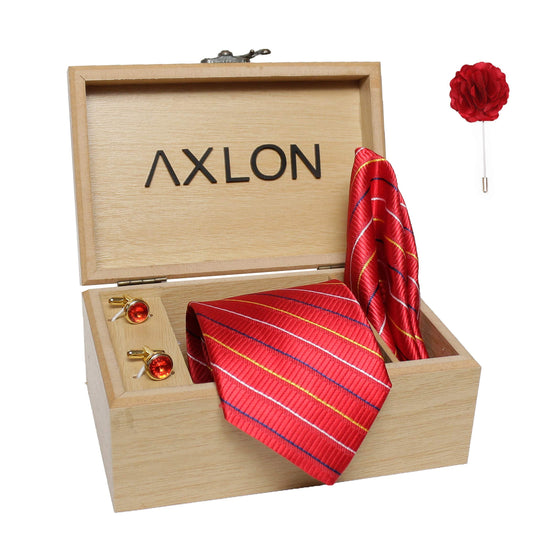 Axlon Men's Micro Polyester Stripped Necktie Set with Pocket Square, Brooch Pin and Cufflinks (Red, Free Size)