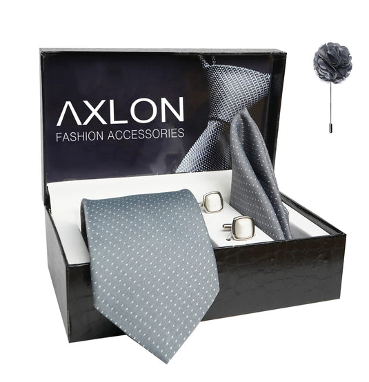 AXLON Mens Plaid Dotted Silk Necktie Gift Set With Pocket Square Cufflinks & Brooch Pin Tie For Men Formal With Leatherite Box (D1RX Free Size) | (Leather Gift Box) (Pack of 4)