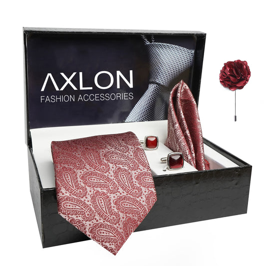 AXLON Mens Plaid Pasiley Silk Necktie Gift Set With Pocket Square Cufflinks & Brooch Pin Tie For Men Formal With Leatherite Box (AMBM1RX Free Size) | (Leather Gift Box) (Pack of 4)