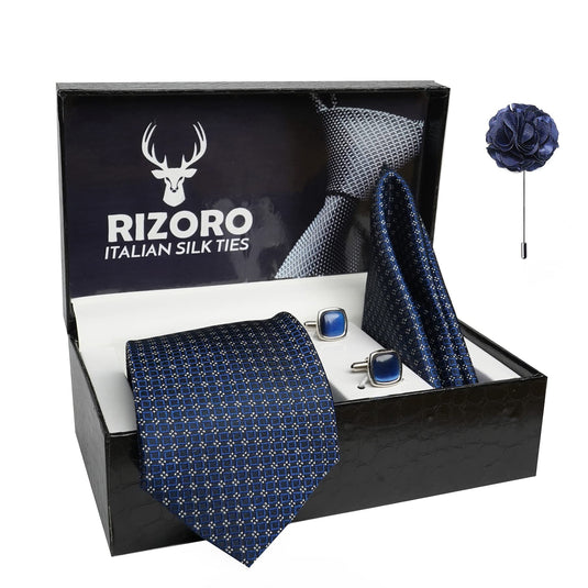 RIZORO Mens Plaid Dotted Silk Necktie Gift Set With Pocket Square Cufflinks & Brooch Pin Formal Tie With Leatherite Box (4D4RX Free Size) | (Leather Gift Box) (Pack of 4)