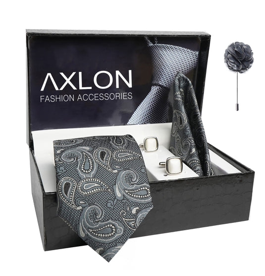 AXLON Mens Plaid Pasiley Silk Necktie Gift Set With Pocket Square Cufflinks & Brooch Pin Tie For Men Formal With Leatherite Box (AMBI4RX Free Size) | (Leather Gift Box) (Pack of 4)