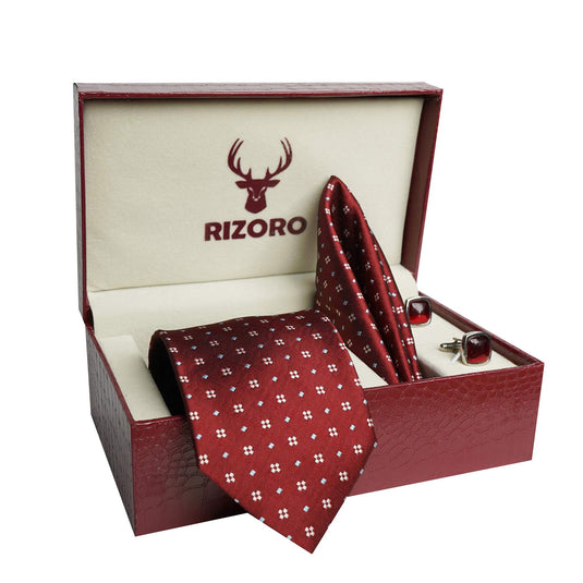 RIZORO Mens Plaid Dotted Silk Necktie Tie Gift Set With Pocket Square, Cufflinks & Brooch Pin Formal Tie With Leatherite Box (4D1RB, Free Size)