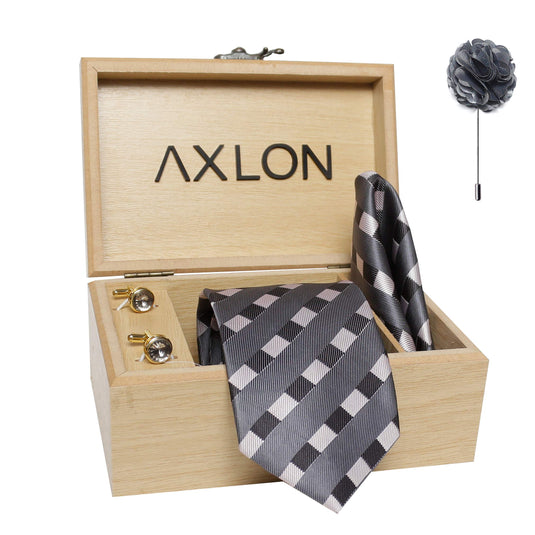 Axlon Men's Micro Polyester Broad-Stripped Necktie Set with Pocket Square, Brooch Pin and Cufflinks (Dark Grey, Free Size)