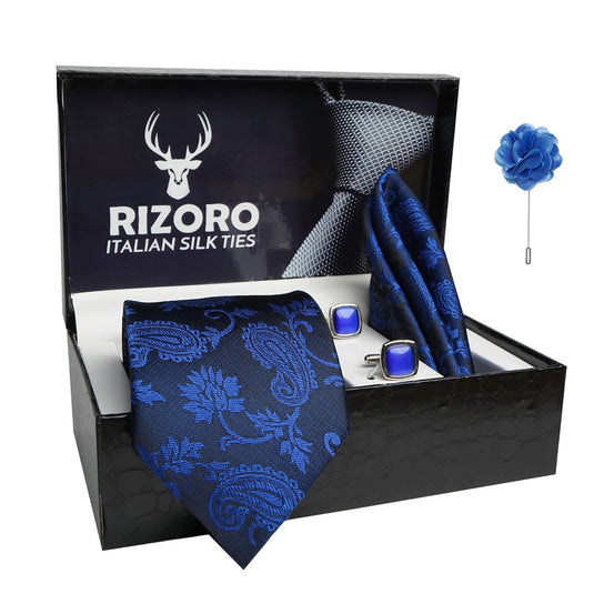 RIZORO Mens Plaid Pasiley Silk Necktie Gift Set With Pocket Square Cufflinks & Brooch Pin Formal Tie With Leatherite Box (214AMBRX Free Size) | (Leather Gift Box) (Pack of 4)