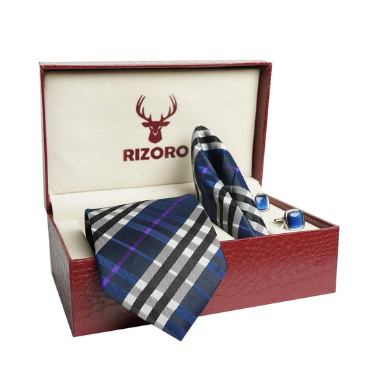 RIZORO Mens Plaid Checkered Silk Necktie Tie Gift Set With Pocket Square, Cufflinks & Brooch Pin Formal Tie With Leatherite Box (BURRB, Free Size)