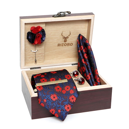 RIZORO Mens Plaid Micro Self Silk Floral Red Blue Necktie Gift Set With Pocket Square Cufflinks Brooch Pin Men Tie Clip Formal Tie With Wooden Box For Gifting (RW_22, Free Size)