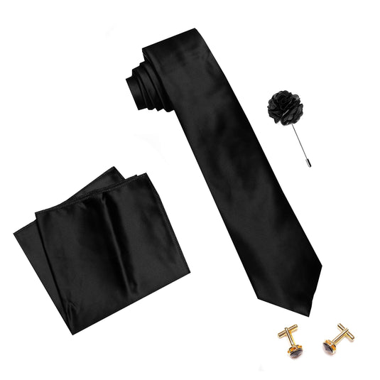 Axlon Men's Micro Polyester Plain Necktie Set with Pocket Square, Brooch Pin and Cufflinks (Tuxedo Black, Free Size)