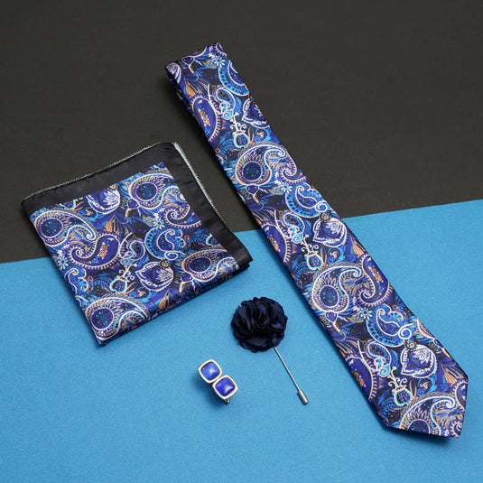 RIZORO Navy Blue Mens Paisley Micro Print Silk Necktie Gift Set With Pocket Square Cufflinks & Brooch Pin Formal Tie With Wooden Box Free Size | (Wooden Gift Box ) (Pack of 4) (RPL_37)