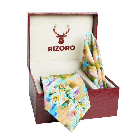 RIZORO Men Checkered Micro Fibre Necktie Gift Set With Pocket Square Cufflinks & Brooch Pin Formal Tie (Beige BURBGRB Free Size)