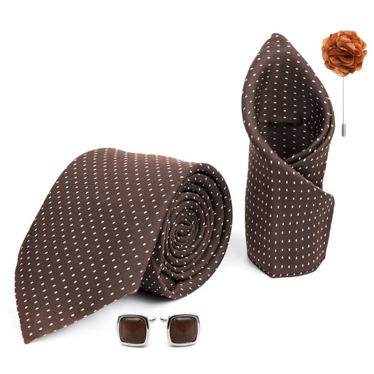 AXLON Mens Plaid Dotted Silk Necktie Gift Set With Pocket Square Cufflinks & Brooch Pin Formal Tie With Leatherite Box (D1RX Free Size) | (Leather Gift Box) (Pack of 4)